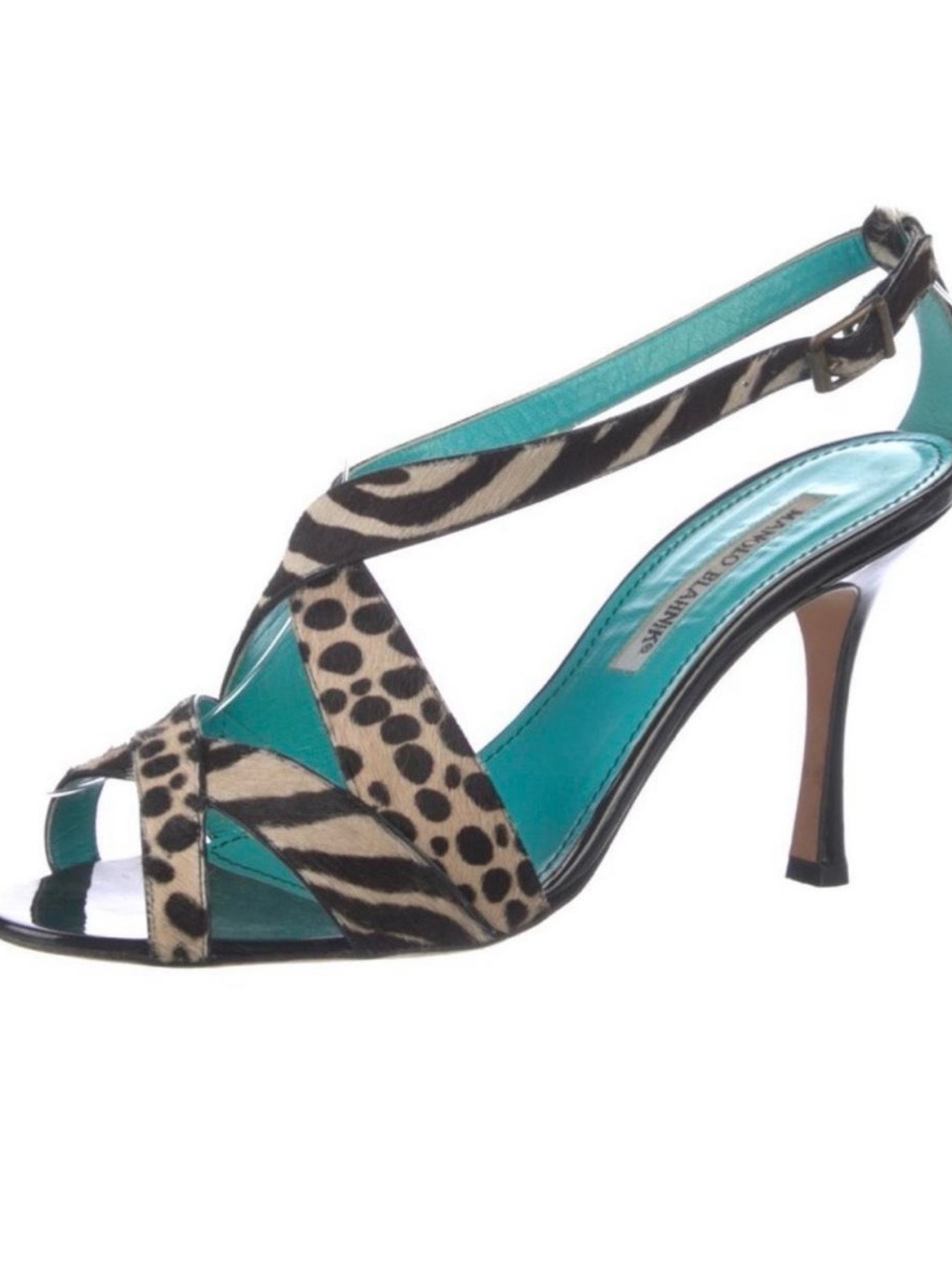 Manolo Blahnik Turquoise and Animal-Print Strappy High Heel Sandal